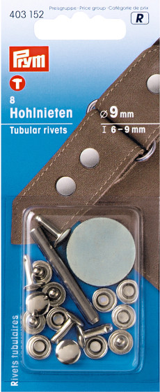 Prym Tubular Rivets 9mm (6-9mm Thickness) Silver Coloured - 15 Pieces