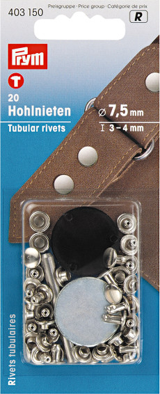 Prym Tubular Rivets 7.5mm (3-4mm Thickness) Silver Coloured - 20 Pieces