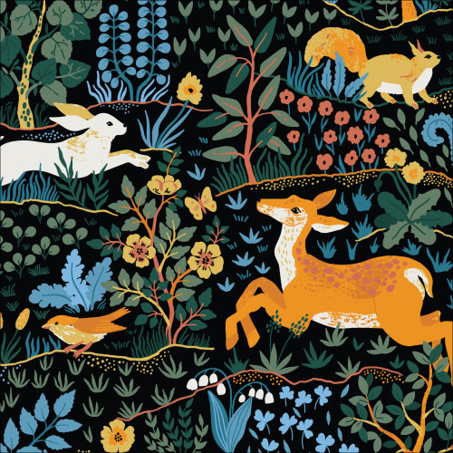 Wild Animals On Black from Baltic Woodland by Maria Galybina For Cloud9 Fabrics