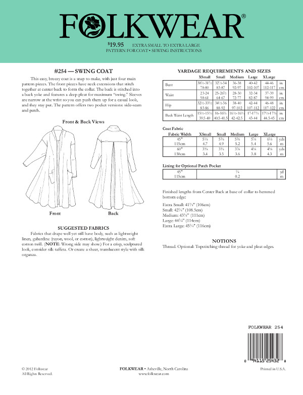Swing Coat - Folkwear Patterns - Wholesale by Hantex Ltd UK EU