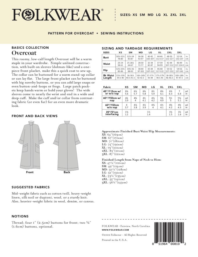 Overcoat From Basics Range by Folkwear Patterns