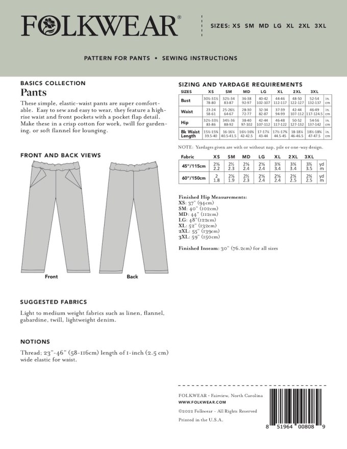 Pants From Basics Range by Folkwear Patterns - Wholesale by Hantex Ltd ...