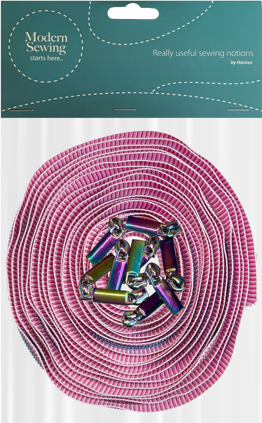 Cerise Striped With Rainbow Teeth #5 Continuous Zip With Pulls - 5m Tape / 10 Pulls