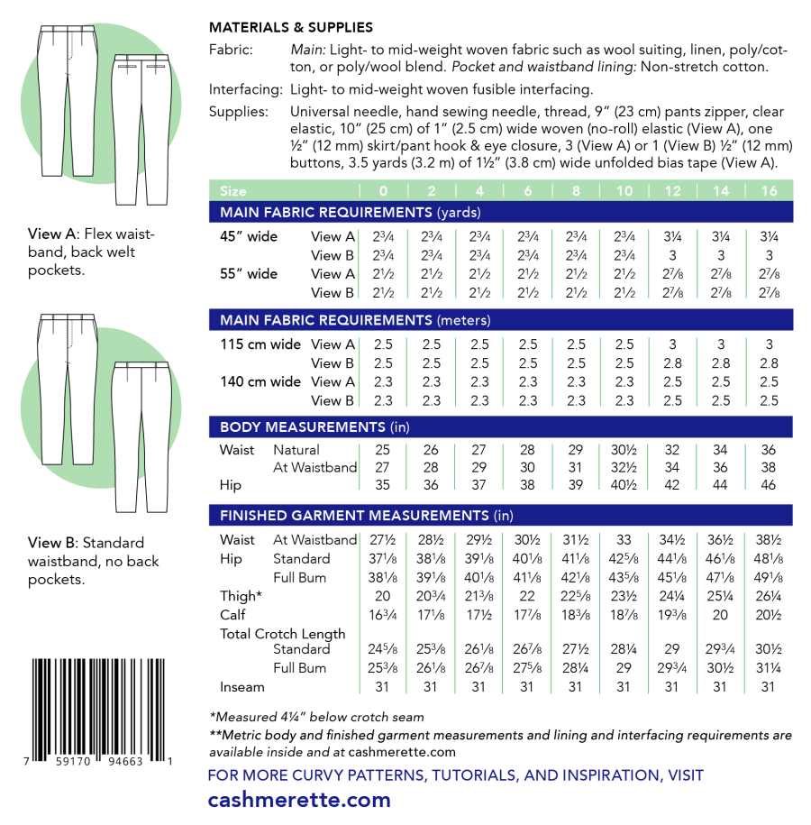 Meriam Trousers 0-16 Size Pattern By Cashmerette - Wholesale by Hantex ...