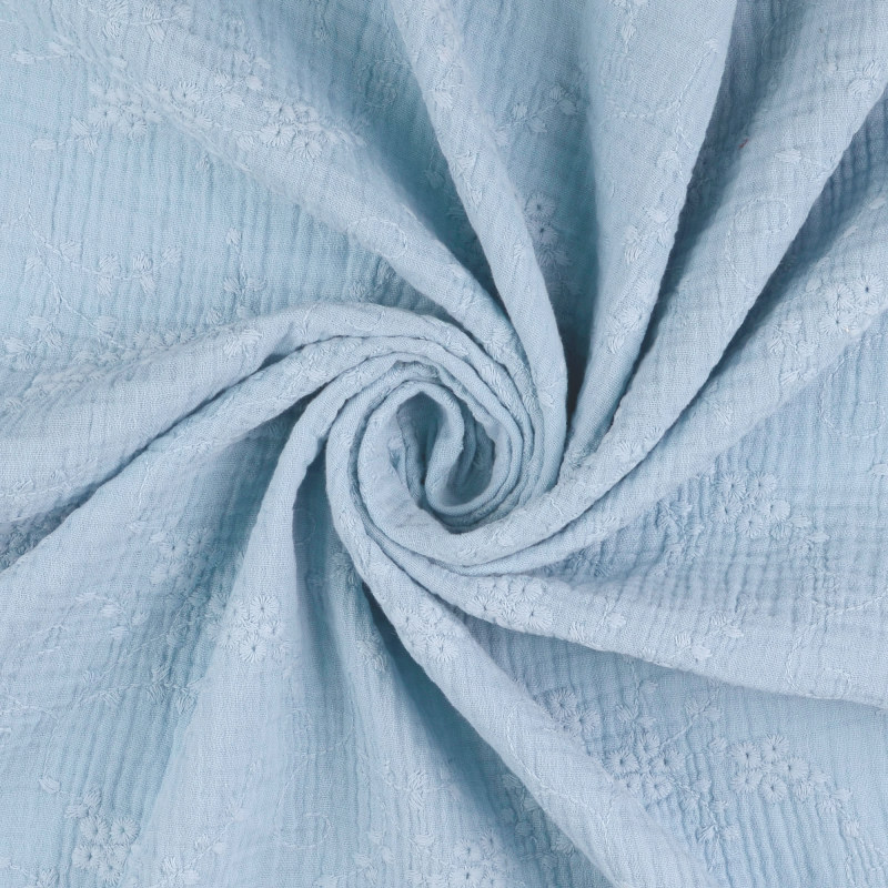 Soft Blue Embroidered Double Gauze from Nikaho by Modelo Fabrics
