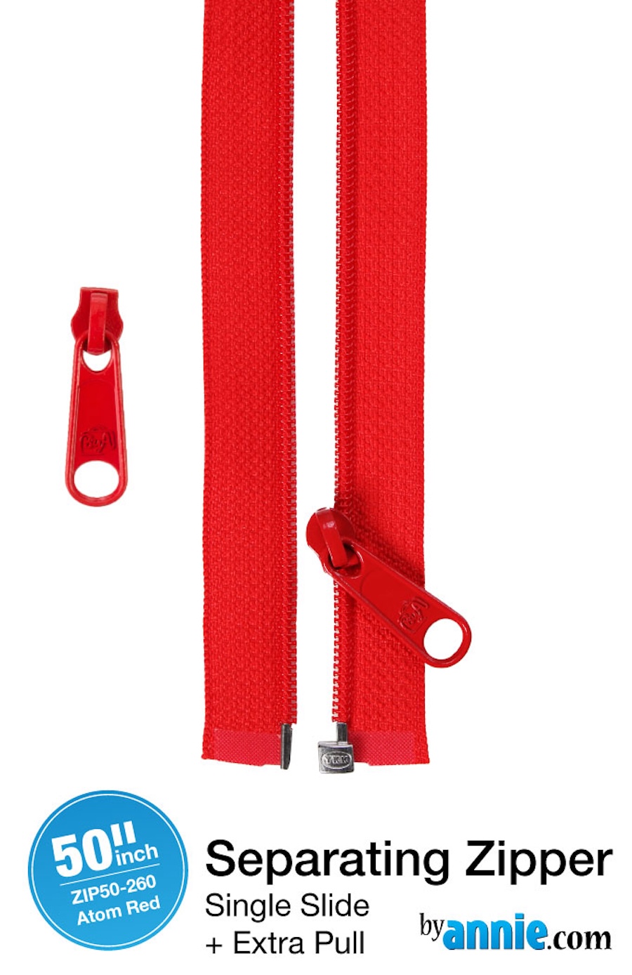 50in Separating Zipper + Extra Slide Atom Red From Byannie