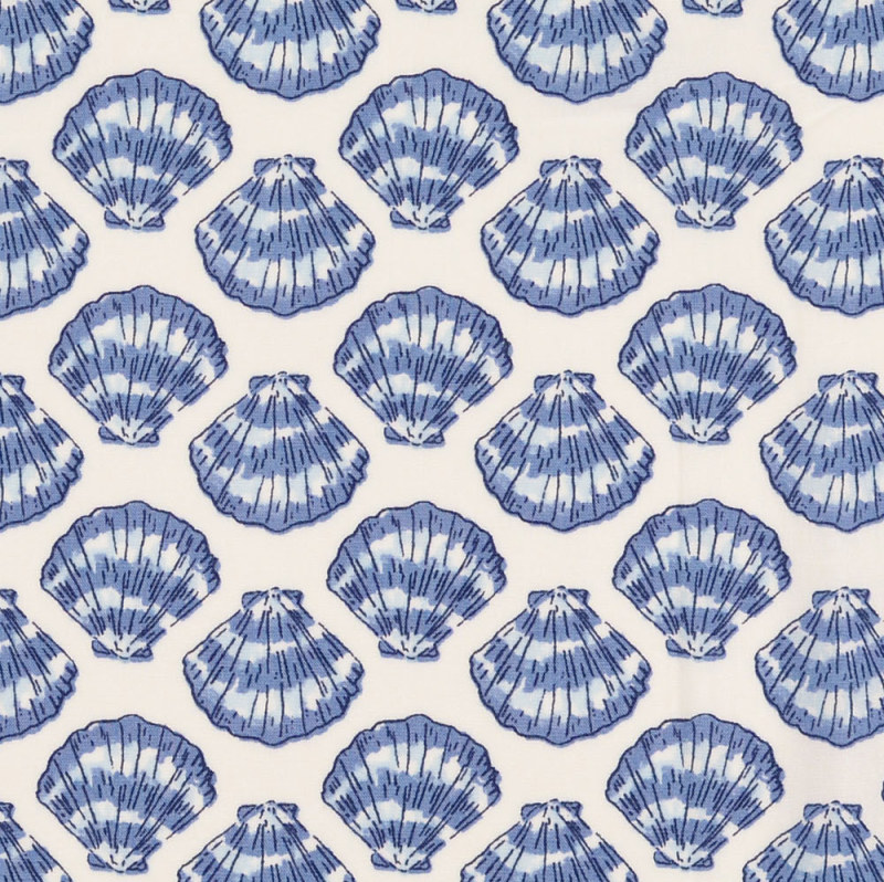 Scallop Shells on White Rayon Print from Mistral by Modelo Fabrics