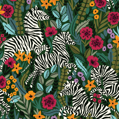 Frolicking Zebras on Multi Green from Zebras by Maria Galybina For Cloud9 Fabrics