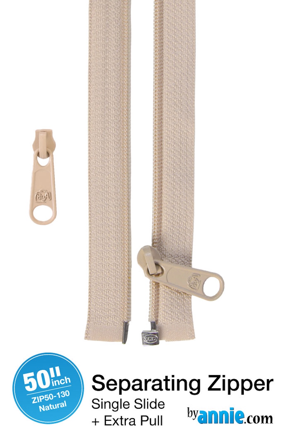 Double Slide Bag Zipper 50in Natural From Byannie