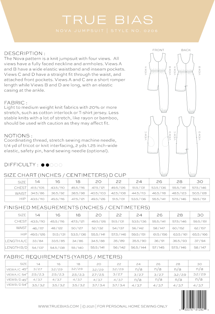 Nova Jumpsuit Pattern Size 14-30 by True Bias