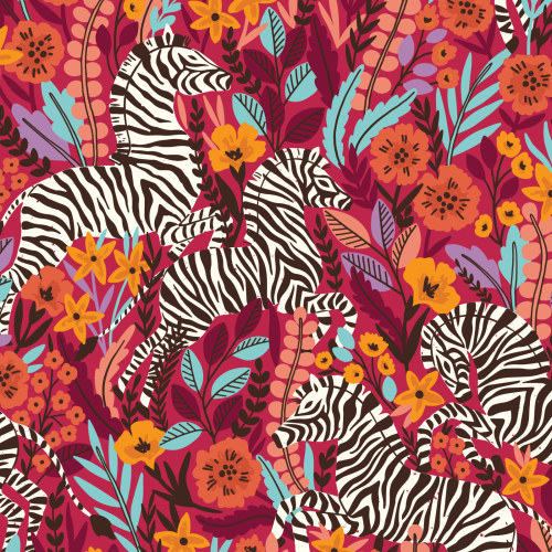 Frolicking Zebras on Multi Red from Zebras by Maria Galybina For Cloud9 Fabrics