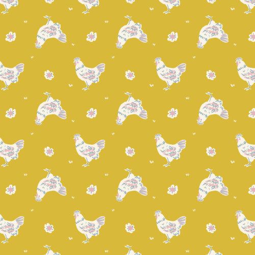 Happy Hens from Happy Homestead in Gold by Samantha Johnson for Cloud9 Fabrics (Avail Jun)