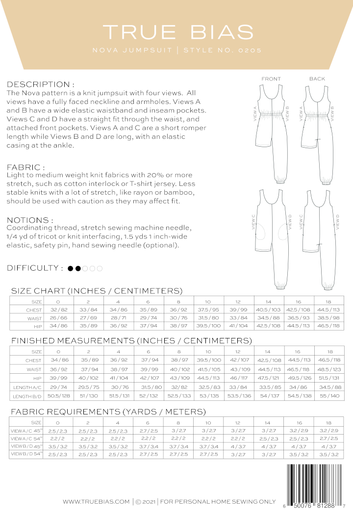 Nova Jumpsuit Pattern Size 0-18 by True Bias