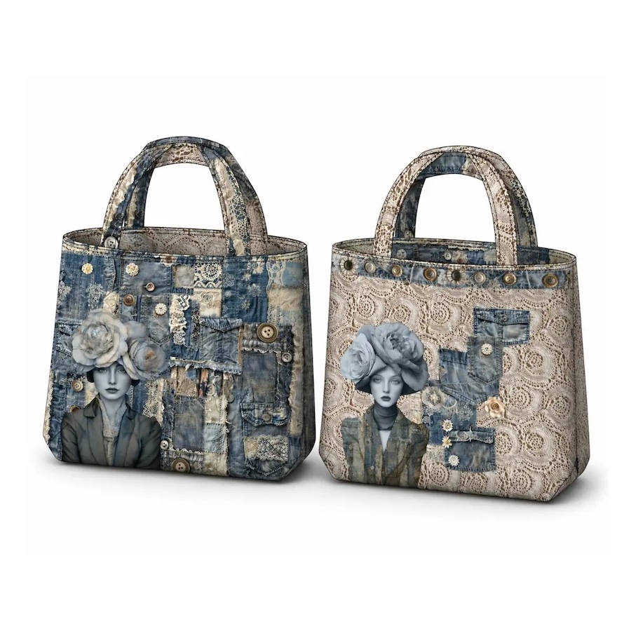 Denim And Lace Collage Printed Canvas Bag Panel By Stenzo Textiles (Avail Jul)