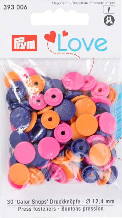 Prym Orange / Pink / Purple Non-sew Colour Snaps - 12.4mm 30 Pieces