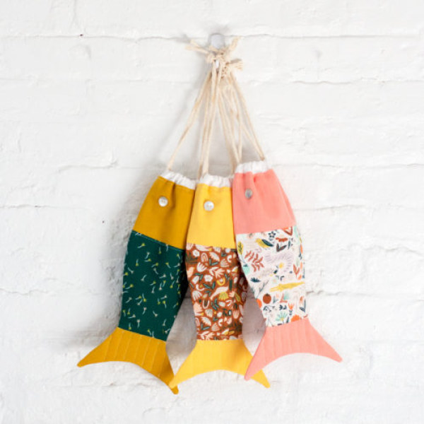 Fish Drawstring Bags made using various cotton fabrics from the range