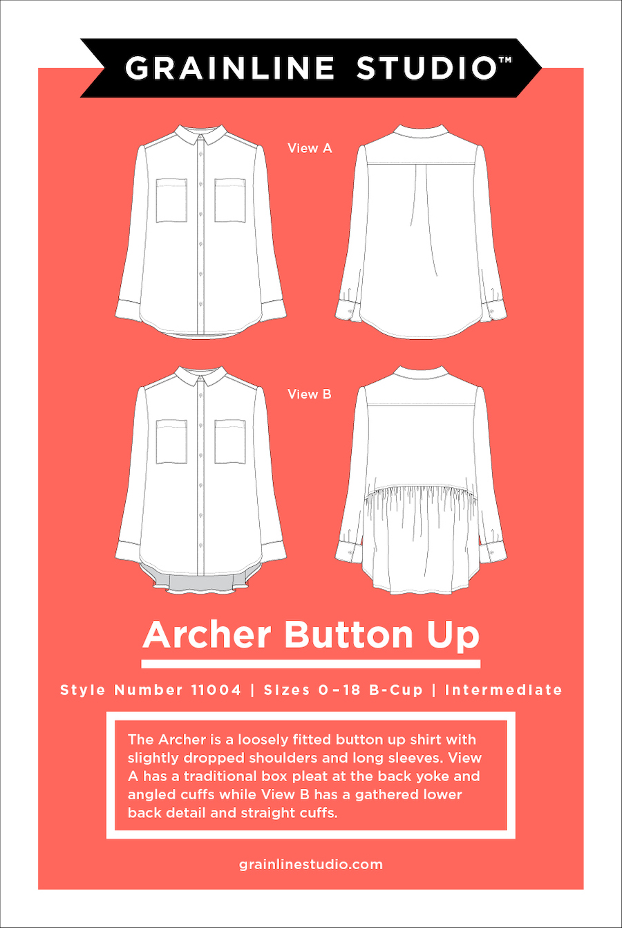 Archer Button Up Shirt Pattern Size 0-18 By Grainline Studio