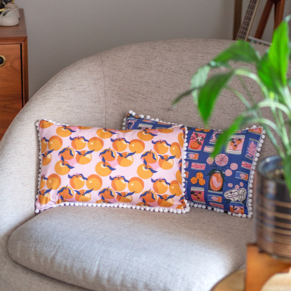 Cushions made using Clementine Dream and Canning from the range 