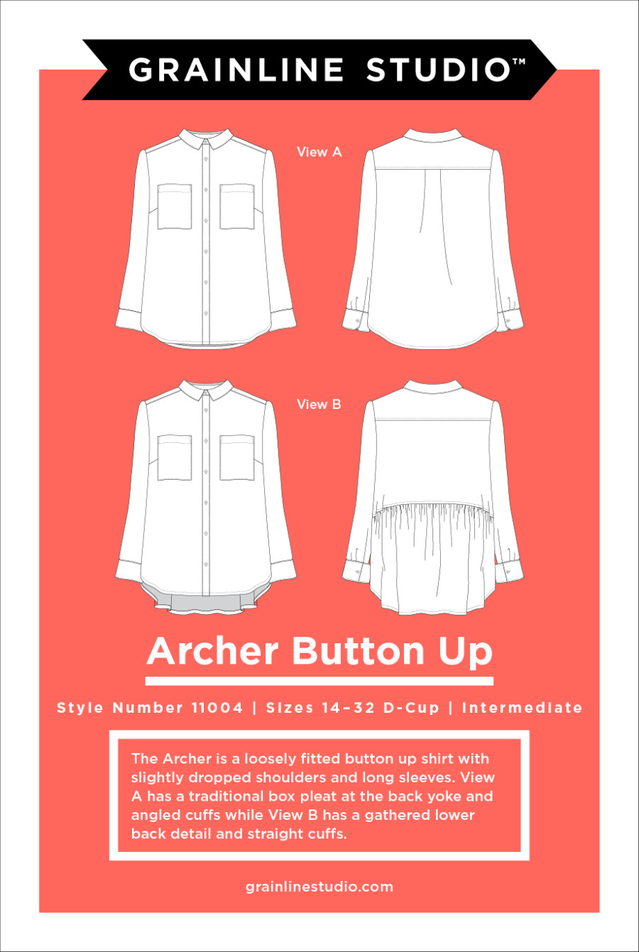 Archer Button Up Shirt Pattern Size 14-32 By Grainline Studio