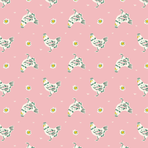 Happy Hens from Happy Homestead in Pink by Samantha Johnson for Cloud9 Fabrics (Avail Jun)